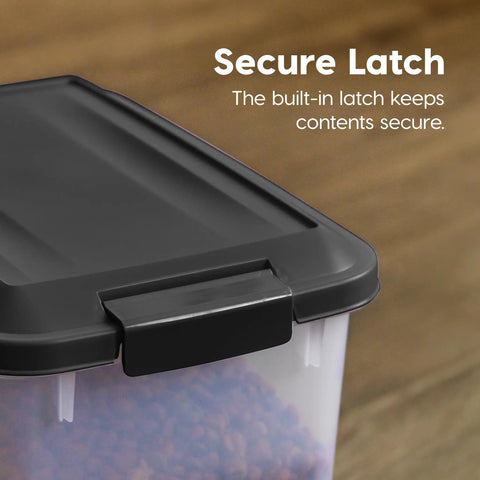 Two Pack Dog Food Storage Containers With Airtight Seal And Rolling Wheels Holds Up To 30 Lbs Each One Hand Open BPA Free Made In USA Clear And Black showing secure latch detail.