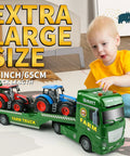 Toddler playing with 3 In 1 Toddler Farm Truck Set With Large Flatbed Semi Truck Includes Two Tractors Flashing Lights Horn Sounds Inertial Power And Realistic Action Perfect Birthday Gift For 2 3 4 5 Year Old Boys And Girls 25-inch truck.