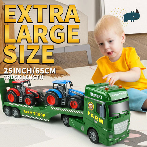 Toddler playing with 3 In 1 Toddler Farm Truck Set With Large Flatbed Semi Truck Includes Two Tractors Flashing Lights Horn Sounds Inertial Power And Realistic Action Perfect Birthday Gift For 2 3 4 5 Year Old Boys And Girls 25-inch truck.