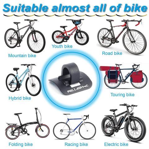 Diagram showing Alloy Bike Cable Guides Kit with 6 sets base and clip, compatible with various bikes: mountain, road, electric.