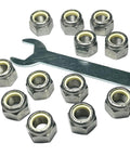 Beefed Up 1/2-20 Stainless Nylon Insert Lock Nuts 304 Stainless Steel Inch Thread 12 Pack with wrench included.