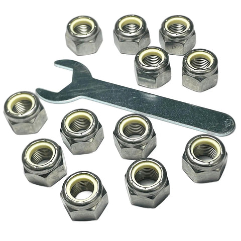 Beefed Up 1/2-20 Stainless Nylon Insert Lock Nuts 304 Stainless Steel Inch Thread 12 Pack with wrench included.