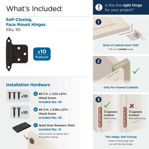 Variable Overlay Self Close Cabinet Hinges Oil Rubbed Bronze pack of 10 including installation hardware and bumpers.
