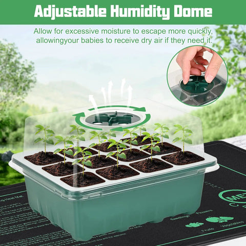 Six Pack Seed Starter Trays with 10 by 20.75 Inch Seedling Heat Mat and Humidity Dome Kit, showing adjustable dome and seedlings