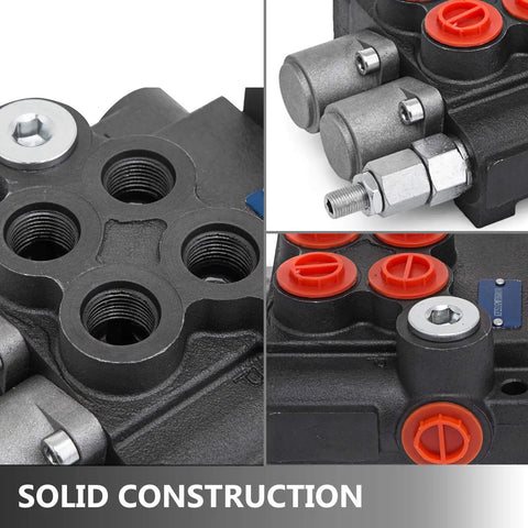 Close-up views of heavy duty dual spool hydraulic joystick valve for double acting cylinders with 11 GPM flow and 3600 PSI range