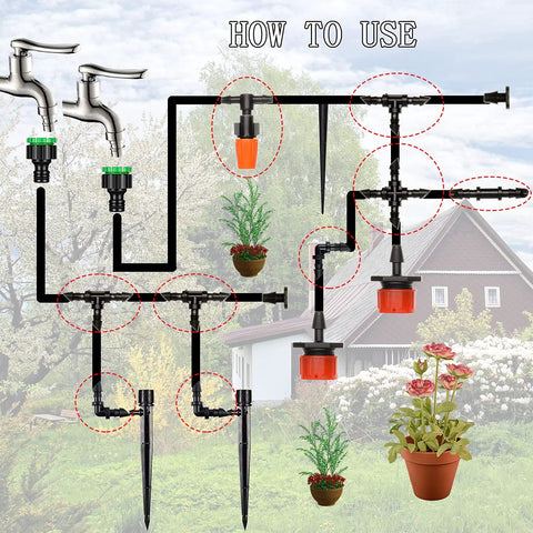 204Pcs barbed irrigation fittings kit for 1/4 in tubing; includes straight, tees, elbows, end plugs, 4-way coupling.