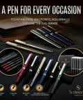 Luxurious Silver Chrome Ballpoint Pen With Real Gold Plating And Schmidt Black Refill A Boss Level Writing Instrument shown with fountain and rollerball pens.
