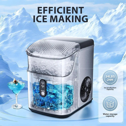 Chewable Nugget Ice Maker Countertop With One Touch Operation, Self Cleaning, Fast Ice Making Up To 34 Lbs Per Day, Slick Silver