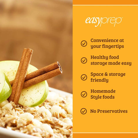 Oatmeal topped with apple slices and cinnamon sticks next to easyprep benefits list