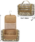 Desert Yellow Hanging Dopp Kit For Men The Ultimate Travel Toiletry Bag with hook, open with interior pouches and dimensions shown.