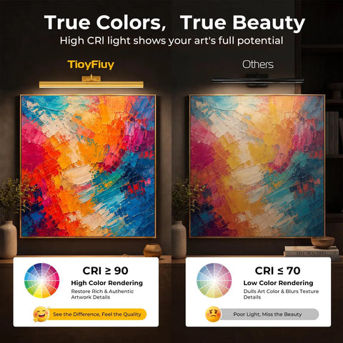 Comparison of lighting effects on artwork using Gold Wireless Picture Lights For Wall Art 2 Pack Rechargeable Wall Spots.