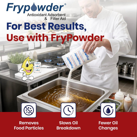 Chef pouring FryPowder into a fryer, enhancing oil filtration for Built Tough Electric Deep Fryer Oil Filter System With Rapid Impurity Removal And Heavy Duty Portable Discard Grease Trolley For Busy Kitchen Crews Running Smooth.