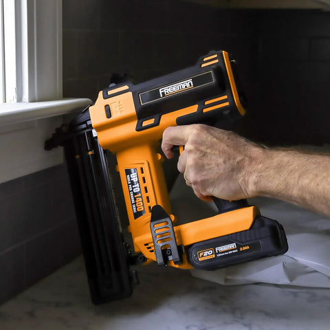 20 Volt Cordless 18-Gauge 2-Inch Brad Nailer Tool Only For Pros And DIYers in use on interior trim project
