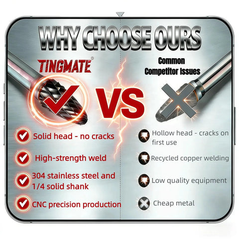 Front view of a tools banner showing two tungsten carbide burrs (left solid double-cut, right hollow) with VS graphic.