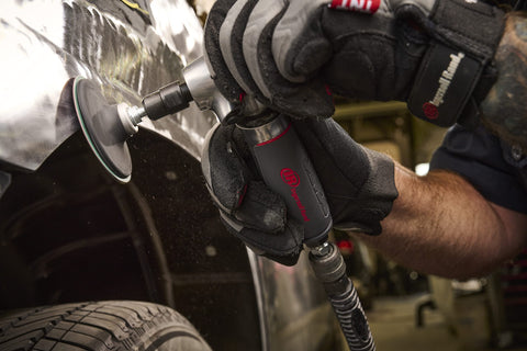 Person using 5102MAX Air Die Grinder With Right Angle Head, Ergonomic Grip, 0.4 HP, 20,000 RPM Motor for precise grinding on a car panel