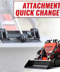 Compact Stand On Crawler Mini Skid Steer Loader with trencher and bucket attachment quick change system, focus on gas engine