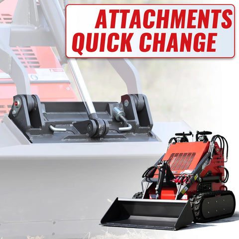 Compact Stand On Crawler Mini Skid Steer Loader with trencher and bucket attachment quick change system, focus on gas engine