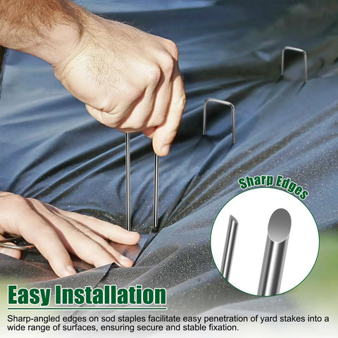 Person installing 12 Inch Galvanized Landscape Staples Stakes For Weed Barrier Fabric And Garden Projects, Rust Resistant Heavy Duty Pins