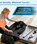 Person packing heavy duty door security bar adjustable up to 47 inches sliding door lock stick in suitcase for travel
