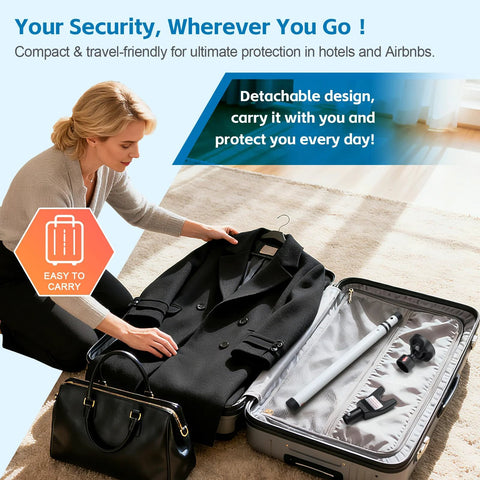 Person packing heavy duty door security bar adjustable up to 47 inches sliding door lock stick in suitcase for travel