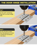 Blue Door Hinge Jig And Router Template For 3 To 5 Inch Hinges, installed on wooden plank with hinge installation steps