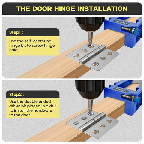 Blue Door Hinge Jig And Router Template For 3 To 5 Inch Hinges, installed on wooden plank with hinge installation steps