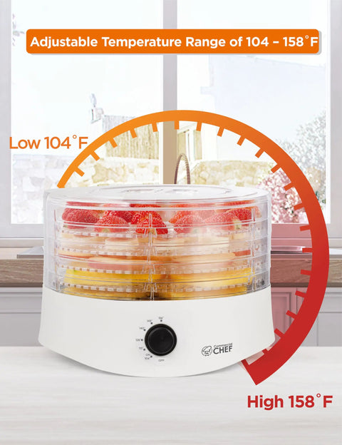 Premium Electric Food Dehydrator Packing Five BPA Free Trays For Backyard Jerky Dried Fruits And Fresh Herbs showing adjustable temperature settings.