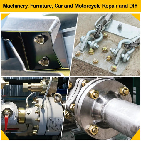 SAE Grade 8 Bolt And Nut Kit With Washers, installed on machinery and metal components, yellow zinc plated for auto repair use