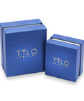 Blue jewelry boxes with Tilo logo, packaging for 14K Yellow Gold Ball Stud Earrings With Secure ScrewBacks 3mm Tiny Round Earrings