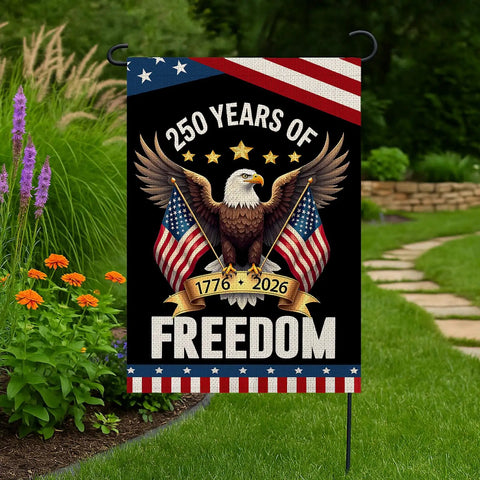 USA Proud 250th Anniversary Garden Flag Eagle Design Double Sided For Outdoor Display 12 By 18 Inches Yard Patio Garden 1776 2026 Commemorative Banner For Home Display featuring bald eagle with flags and stars