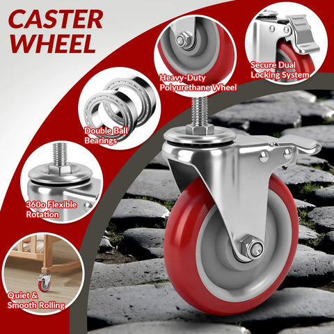 Heavy Duty 5 Inch Locking Swivel Caster Wheels For Furniture With Threaded Stem And Surefire Side Brake smooth rolling in use