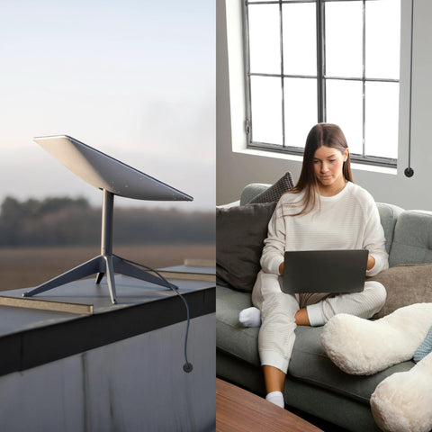Starlink satellite dish on a roof next to a woman using a laptop indoors, illustrating internet connectivity through Two Pack Silicone Wall Bushing For Three Quarters Inch Holes Compatible With Starlink Waterproof Cable Pass Through Grommet Routing Kit Accessories Split Design Wrap Around Installation Durable.