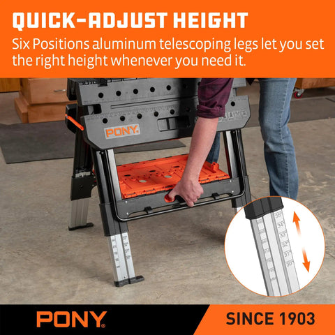 Your Go-To Portable Folding Work Table 2-In-1 Sawhorse And Workbench For DIY Projects with quick-adjust height feature