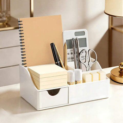 Acrylic Desk Organizer With Drawer Caddy For Office Supplies And Home Desk Storage Holds Pen And Pencil Holder, white finish.