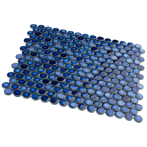 Porcelain Penny Round Sapphire Tile For Floor And Wall, Slick Glossy Mosaic In Deep Blue, mesh-mounted view at an angle