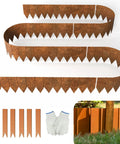 Cor-Ten Garden Edging Border Set, 6 Pack 5.5 Inch Tall by 40 Inch Long Panels, Pre-Rusted No-Dig Hammer-In displayed with gloves
