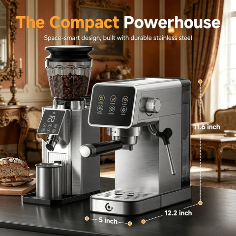 Professional 20 Bar Espresso Coffee Machine With Snappy Led Touchscreen Brewing Dope Barista Style Lattes And Rich Cappuccinos Straight Up No Hassle At Home, stainless steel, 11.6 x 12.2 inches.