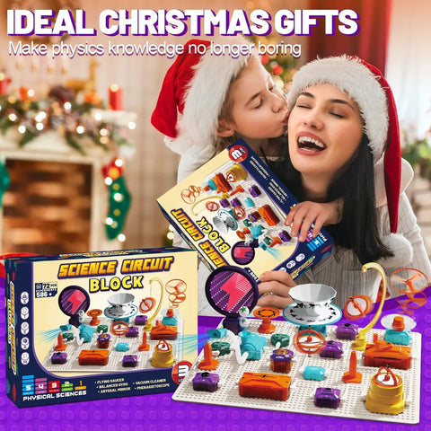 Mother and child smiling with Circuit Science Kit for Kids With 76 STEM Projects, fan, RGB lights, and flying saucer components.