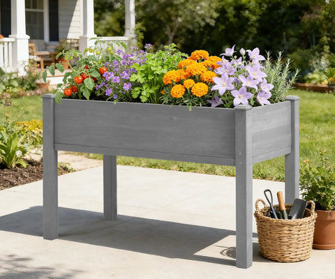 Waist-Height Raised Garden Bed With Legs, 48 By 24 By 30 Inch Solid Wood Planter Box Stand With Liner For Outdoor Patio, With Plants