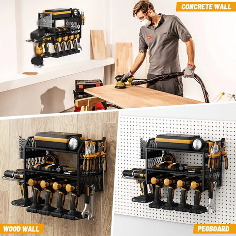 Power Tool Storage Rack With Six Drill Holders And Pegboard Organizer Shelf For Garage Walls Wall Mount For Cordless Drills