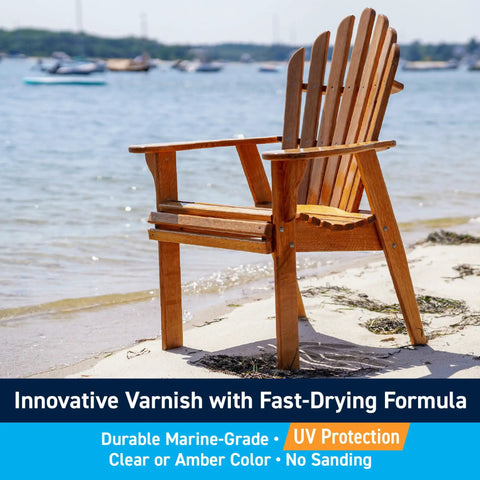 Wooden outdoor chair by the beach protected with Halcyon Water Based Marine Varnish For Boats And Outdoor Woodworking Projects Quick Dry Finish