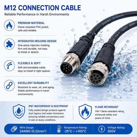Built Like A Tank M12 8 Pin A Coded Male To Female Extension Cable Five Meter IP67 Waterproof Industrial Ethernet And Sensor Wire For PLC Automation And Robotics With Flame Resistant PVC Jacket, showing durable connectors.