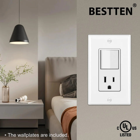 Bedroom wall showing Two Pack Combination Wall Switch And Decor Outlet With Single Pole Rocker Switch, 15A/120V And 15A/125V Receptacle, Decor Style Combo, Wall Plate Included, Side Wire, UL Listed, White.