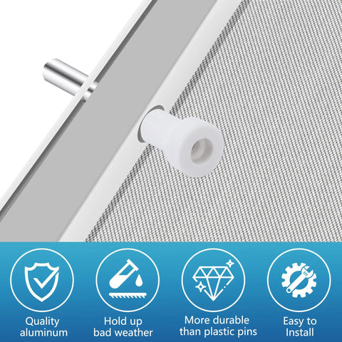 Twelve Pack Window Screen Plunger Latches With Aluminum Pins And White Caps One Point Five Inch Length, close-up on installation.
