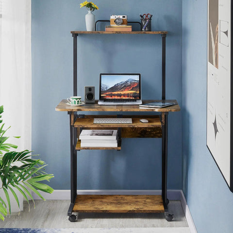 3 Tier Rolling Computer Desk With Keyboard Tray And Printer Shelf For Small Spaces Rustic Brown Mobile Home Office Workstation