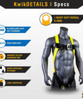 Mannequin wearing Tornado Assembly 1D Ring Full Body Safety Harness with D-ring, ANSI/OSHA compliant features displayed.