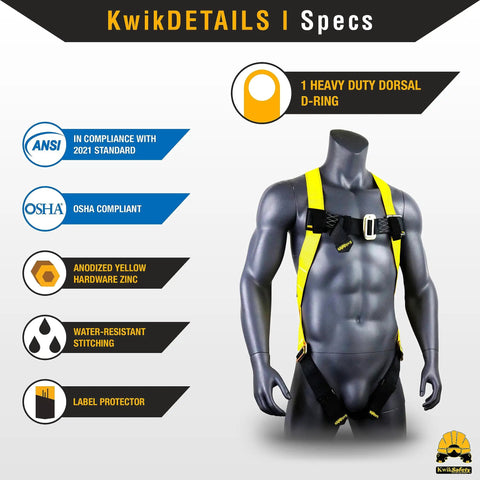 Mannequin wearing Tornado Assembly 1D Ring Full Body Safety Harness with D-ring, ANSI/OSHA compliant features displayed.