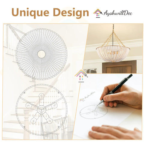Design sketches and installation of Five Light 20 Inch Boho Wood Beaded Chandelier For Dining Room And Living Spaces Dimmable Coastal Farmhouse Ceiling Light Fixture Bristol Style Bead Pendant Ceiling Light For Bedroom Hallway Entryway.