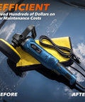 Powerful 1600W Buffer Polisher For Cars on a shiny hood, with detachable handle and polishing pad, before and after effect shown