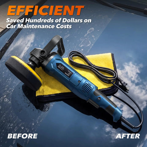 Powerful 1600W Buffer Polisher For Cars on a shiny hood, with detachable handle and polishing pad, before and after effect shown